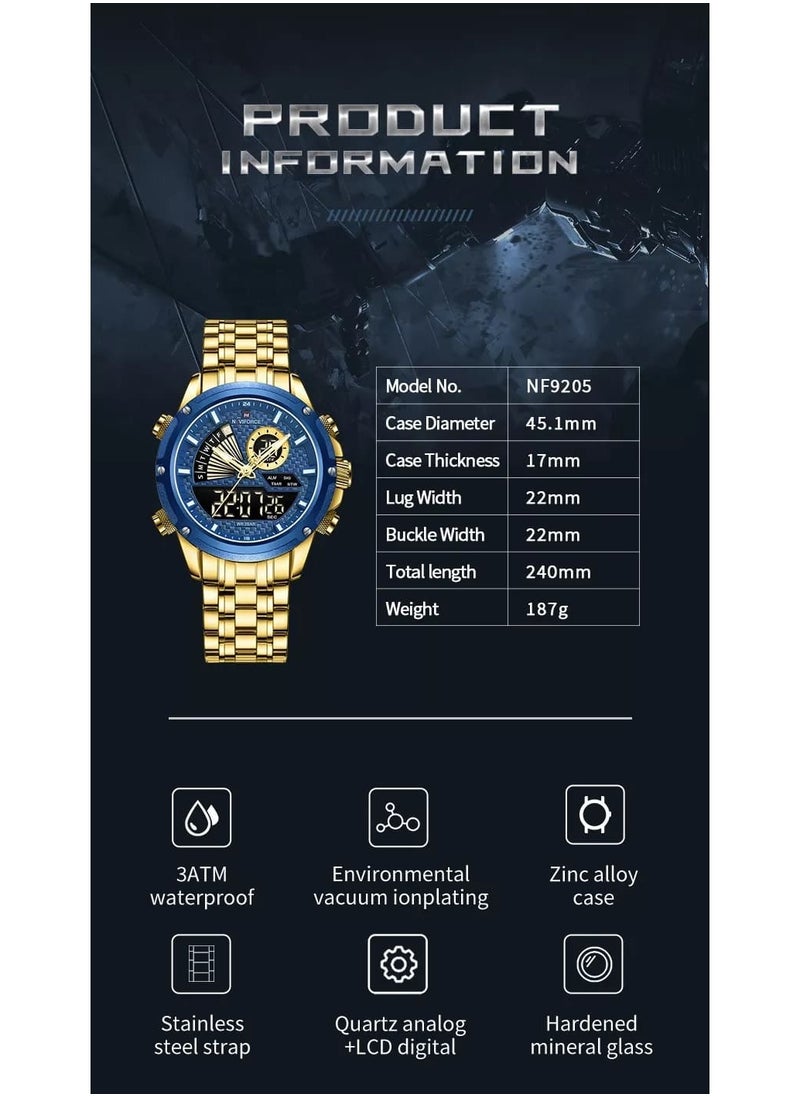 NAVIFORCE - Men's Dual Display Chronograph Watch with Blue Dial, Gold Stainless Steel Bracelet, and Water-Resistant Design for Business and Casual Wear - Image 1
