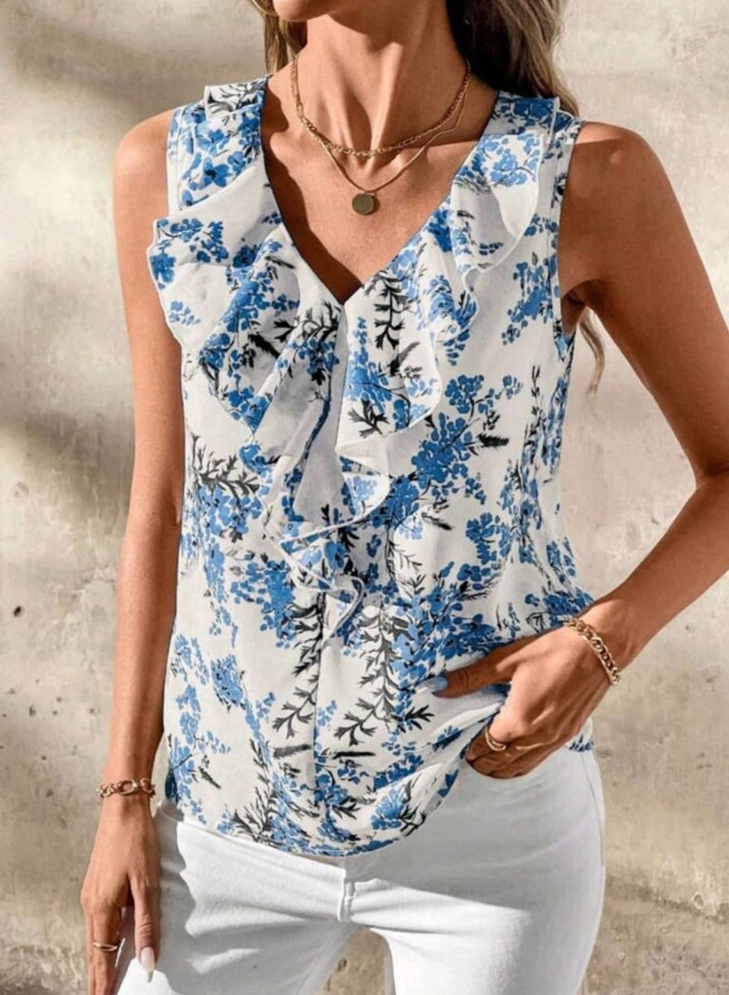 Shein SHEIN Clasi Elegant Women's Flower Printing Stitching Ruffle Sleeveless Loose Shirt,Spring And Summer BLOUSE  - Image 1