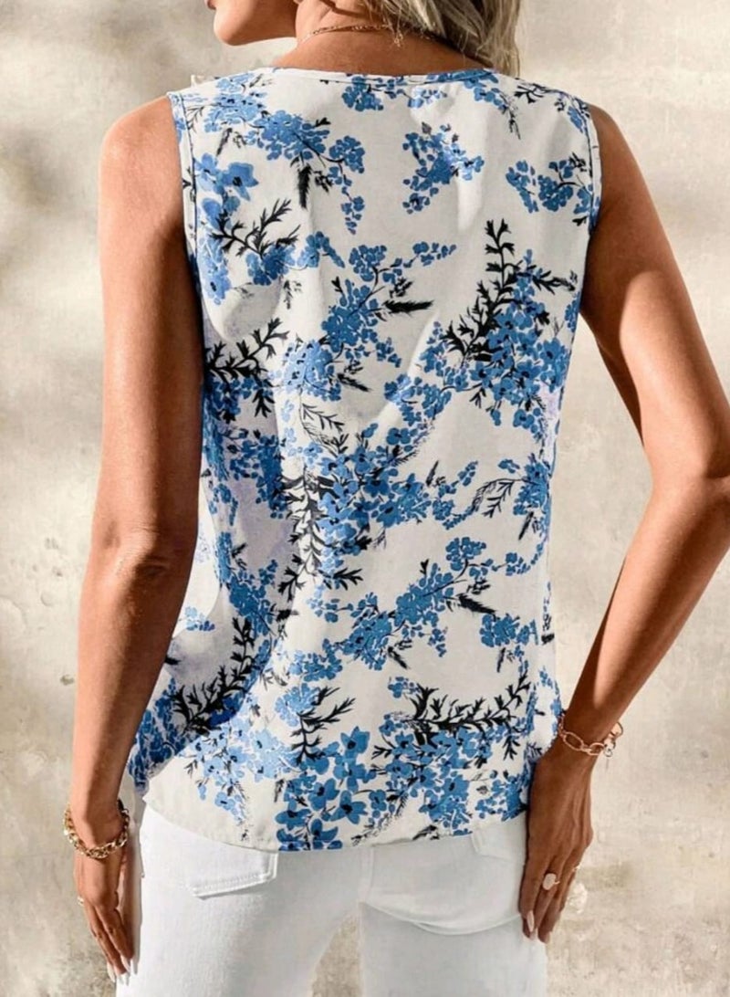 Shein SHEIN Clasi Elegant Women's Flower Printing Stitching Ruffle Sleeveless Loose Shirt,Spring And Summer BLOUSE  - Image 3