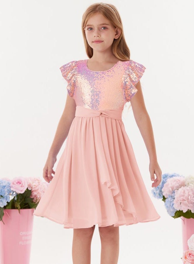 GRACE KARIN Girls Sequin Chiffon Dress Party Birthday Prom Formal Fancy Midi Dress 5-12 Years, Light Pink, 10 Years - Image 3