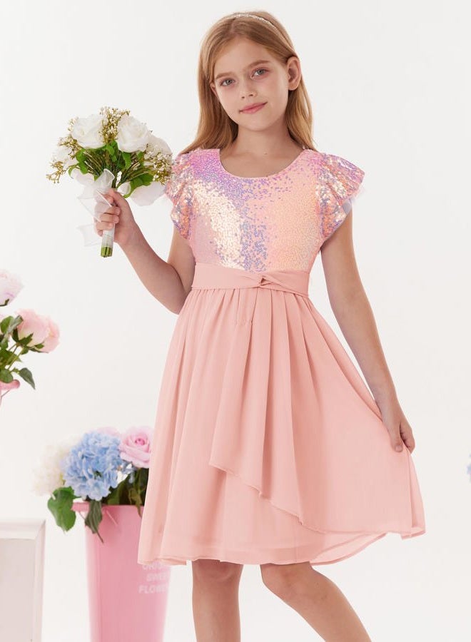 GRACE KARIN Girls Sequin Chiffon Dress Party Birthday Prom Formal Fancy Midi Dress 5-12 Years, Light Pink, 10 Years - Image 2