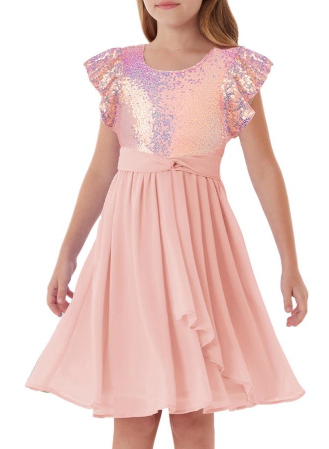 GRACE KARIN Girls Sequin Chiffon Dress Party Birthday Prom Formal Fancy Midi Dress 5-12 Years, Light Pink, 10 Years - Image 1