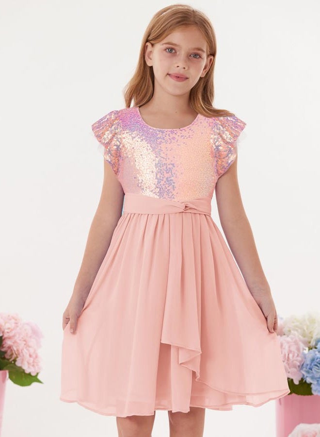 GRACE KARIN Girls Sequin Chiffon Dress Party Birthday Prom Formal Fancy Midi Dress 5-12 Years, Light Pink, 10 Years - Image 4