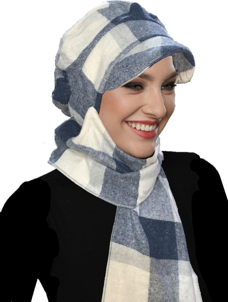 Fidan Bone Wool Cap Hat with Scarf Plaid Blue Cream Ready-made Turban Bone Beret  - Image 2