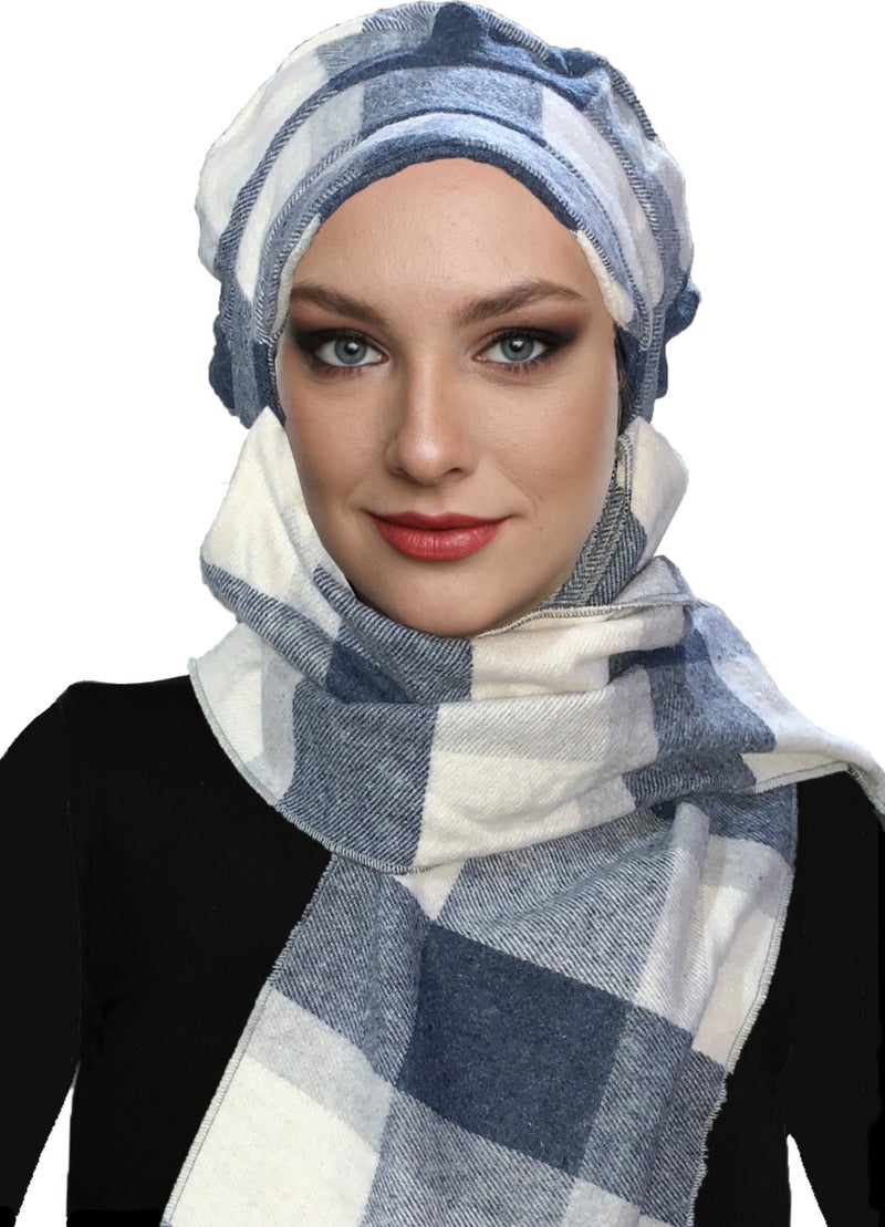 Fidan Bone Wool Cap Hat with Scarf Plaid Blue Cream Ready-made Turban Bone Beret  - Image 3