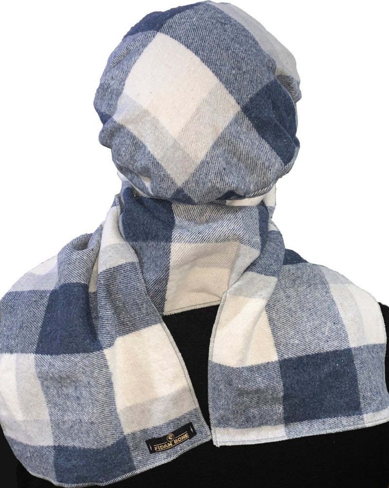 Fidan Bone Wool Cap Hat with Scarf Plaid Blue Cream Ready-made Turban Bone Beret  - Image 5