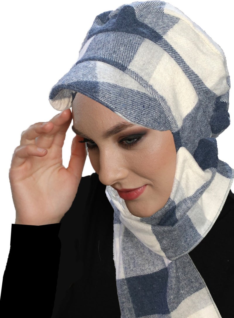 Fidan Bone Wool Cap Hat with Scarf Plaid Blue Cream Ready-made Turban Bone Beret  - Image 1