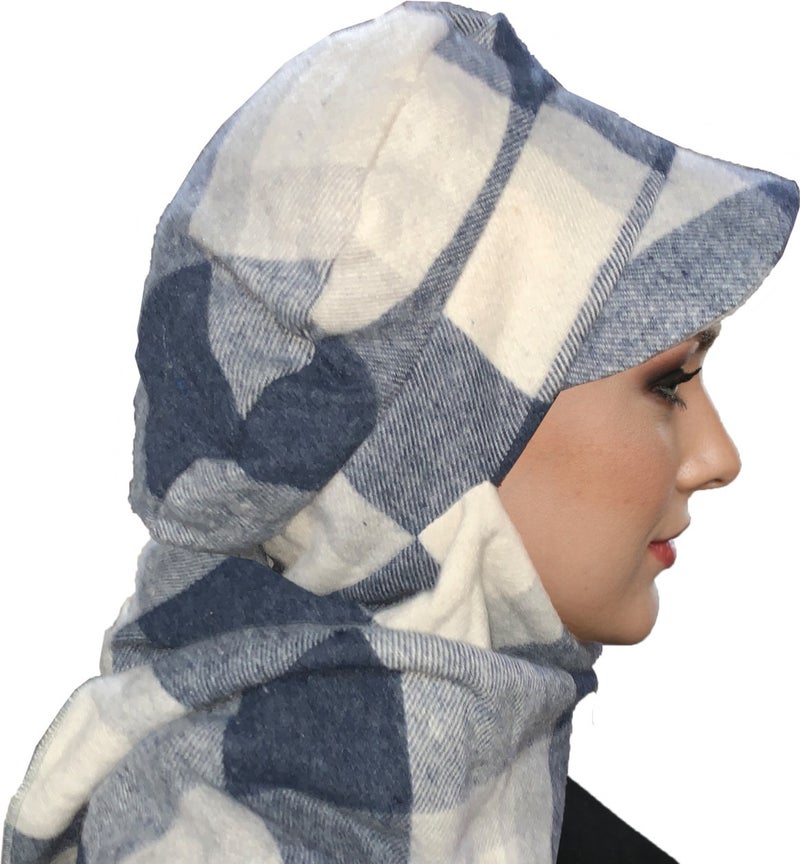Fidan Bone Wool Cap Hat with Scarf Plaid Blue Cream Ready-made Turban Bone Beret  - Image 4