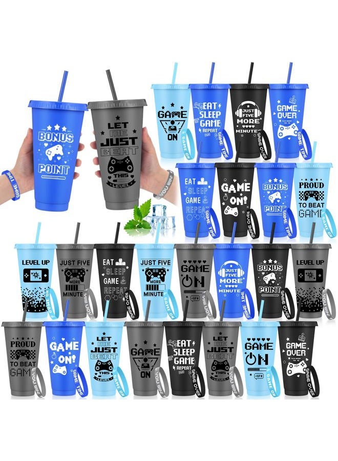 Jingmore 12 Set/24 Pcs Gaming Party Favors Set Include 24oz Video Game Plastic Cups with Lids & Straws and Silicone Bracelets Wristbands, Reusable Plastic Tumblers for Gamer Birthday Party (Black) - Image 1