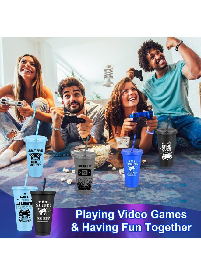 Jingmore 12 Set/24 Pcs Gaming Party Favors Set Include 24oz Video Game Plastic Cups with Lids & Straws and Silicone Bracelets Wristbands, Reusable Plastic Tumblers for Gamer Birthday Party (Black) - Image 4