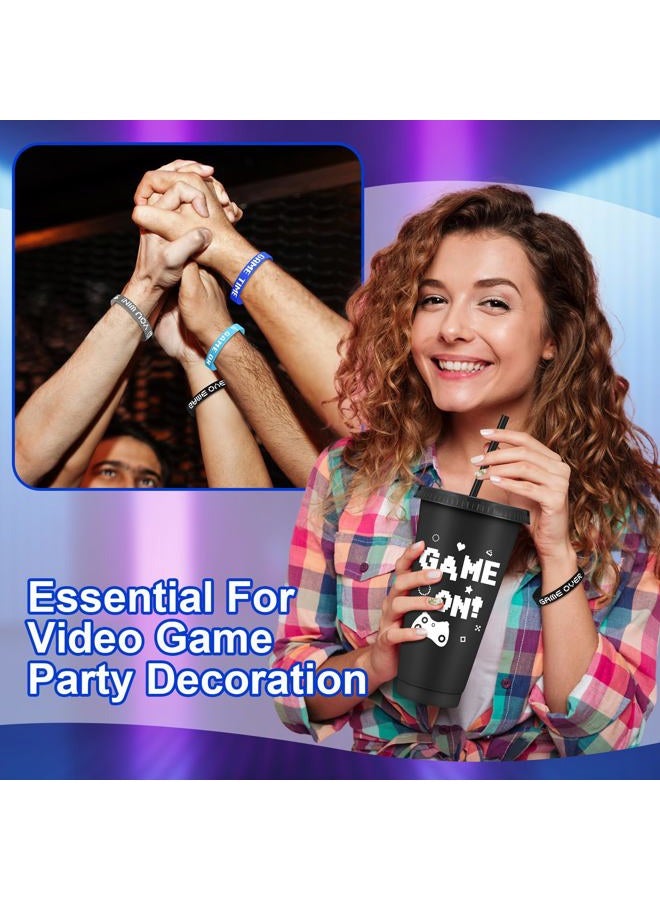 Jingmore 12 Set/24 Pcs Gaming Party Favors Set Include 24oz Video Game Plastic Cups with Lids & Straws and Silicone Bracelets Wristbands, Reusable Plastic Tumblers for Gamer Birthday Party (Black) - Image 5