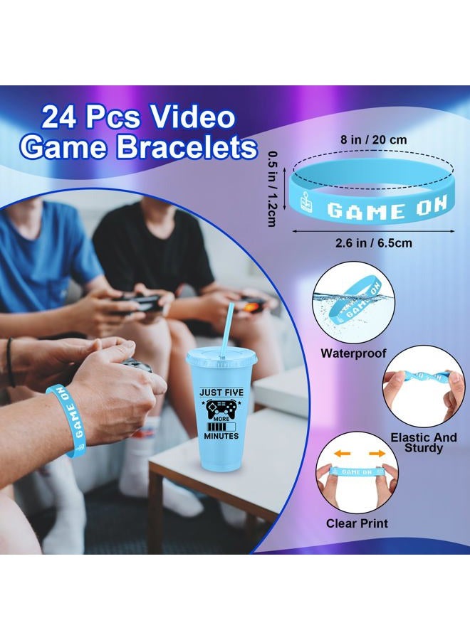 Jingmore 12 Set/24 Pcs Gaming Party Favors Set Include 24oz Video Game Plastic Cups with Lids & Straws and Silicone Bracelets Wristbands, Reusable Plastic Tumblers for Gamer Birthday Party (Black) - Image 3