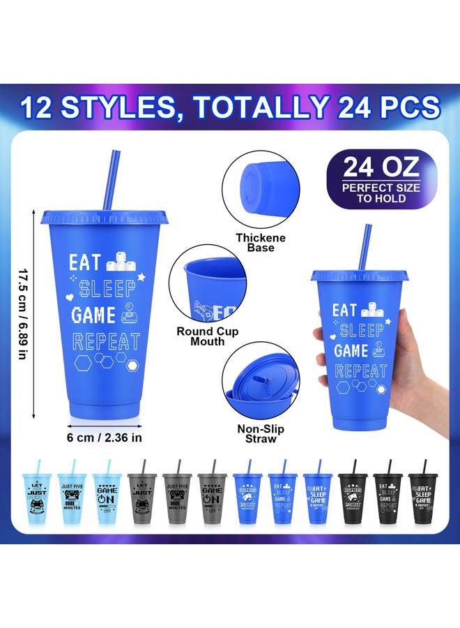 Jingmore 12 Set/24 Pcs Gaming Party Favors Set Include 24oz Video Game Plastic Cups with Lids & Straws and Silicone Bracelets Wristbands, Reusable Plastic Tumblers for Gamer Birthday Party (Black) - Image 2