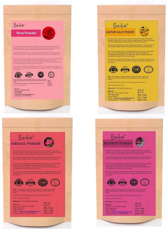 Bindian Rose Kasturi Haldi Hibiscus & Beetroot Face Pack Powder Pack Of 04 (50gm Each) - Image 1