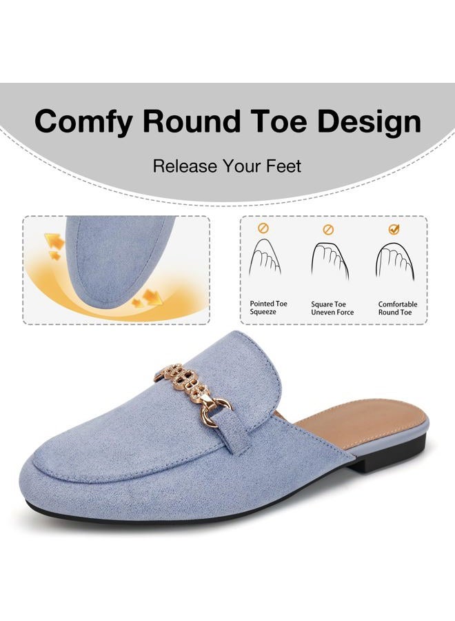 FUDYNMALC Womens Mules Buckle Flats: Classic Suede Slip On Shoes Dressy Closed Toe Backless Slides Loafers 2026 for Business Work Office Casual, Blue, 7.5 - Image 5