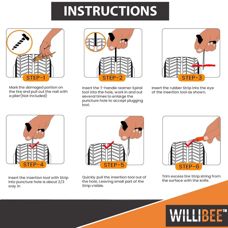 WILLIBEE Universal Heavy Duty Steel Tubeless Tire Puncher Kit (with Storage Bag) Emergency Flat Tire Repair Patch Puncture Kit for Car, Bike, SUV, & Motorcycle - Image 5