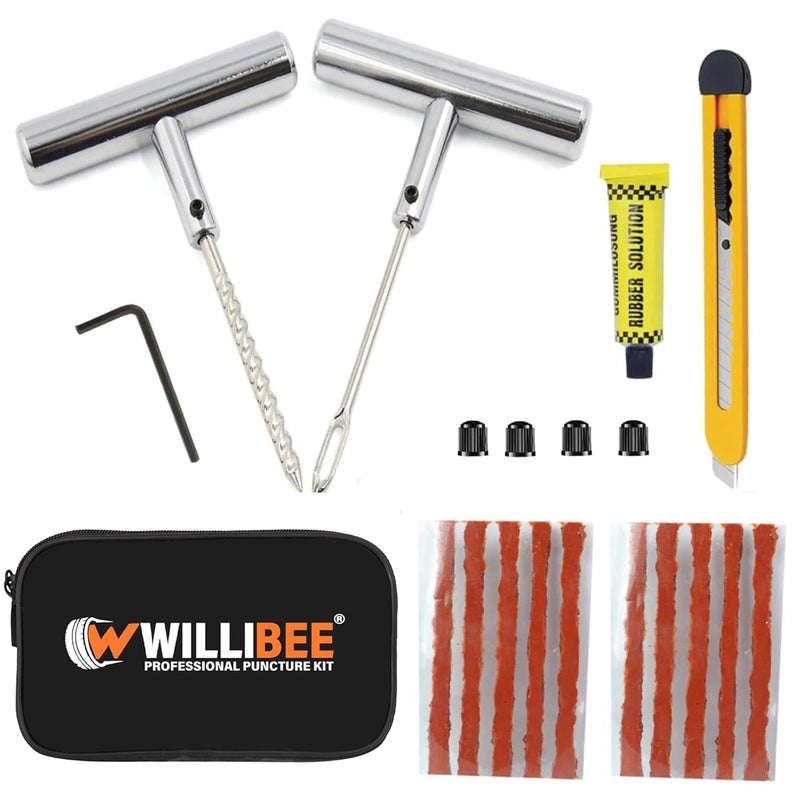 WILLIBEE Universal Heavy Duty Steel Tubeless Tire Puncher Kit (with Storage Bag) Emergency Flat Tire Repair Patch Puncture Kit for Car, Bike, SUV, & Motorcycle - Image 1
