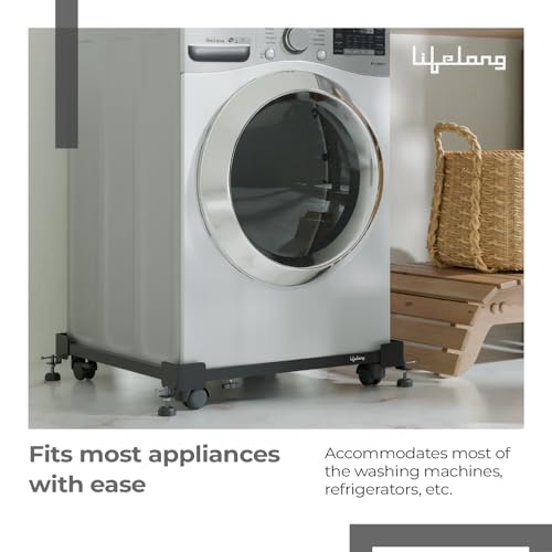 Lifelong Universal & Adjustable Metal Washing Machine Stand (5 KG to 12 KG) | Trolley with Wheels | Single/Double Door Fridge Stand, Air Cooler Stand | 180 KG Capacity, 4 Anti Vibration Pads | Black - Image 2