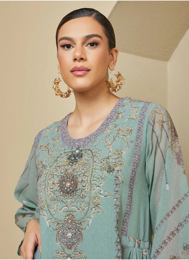 Styli Printed Round Neck A-Line Jalabyia