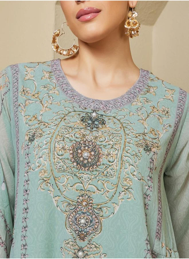 Styli Printed Round Neck A-Line Jalabyia