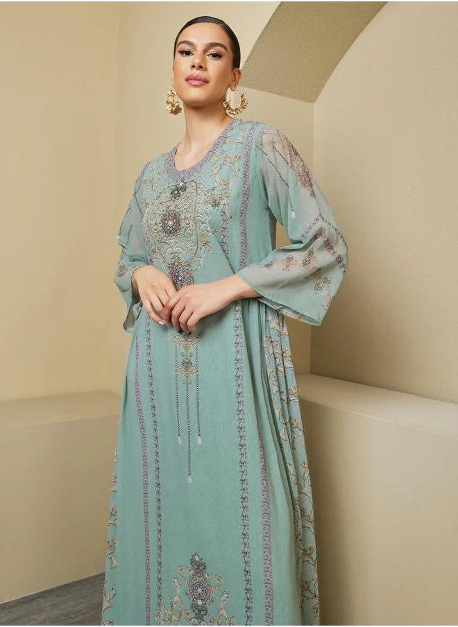 Styli Printed Round Neck A-Line Jalabyia