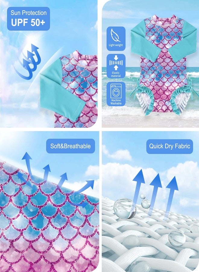 BesserBay ملابس سباحة قطعة واحدة للأطفال الرضع من بيسر باي، بتصميم حورية البحر، بأكمام طويلة، مزودة بأزرار كبس سفلية، مناسبة للأطفال من عمر 0-3 أشهر، وواقية من الشمس. - Image 2