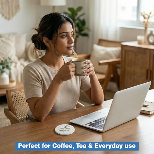 Decor & More - Ceramic Coasters with Matt Finish On Top & Cork Base | Coasters for Cups Set of 4 | Marble Style Ceramic Coaster for Tea, Coffee Table & Dining Table with Metal Holder - Image 4