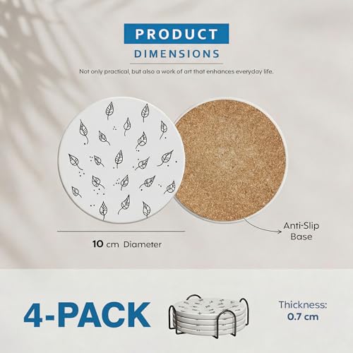 Decor & More - Ceramic Coasters with Matt Finish On Top & Cork Base | Coasters for Cups Set of 4 | Marble Style Ceramic Coaster for Tea, Coffee Table & Dining Table with Metal Holder - Image 2