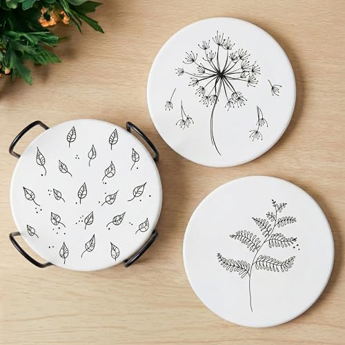 Decor & More - Ceramic Coasters with Matt Finish On Top & Cork Base | Coasters for Cups Set of 4 | Marble Style Ceramic Coaster for Tea, Coffee Table & Dining Table with Metal Holder - Image 1