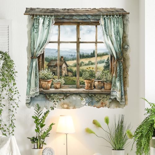 DRWSSR 3D Fake Window Wall Sticker Removable DIY Romantic Flower Green Plants Wall Stickers Peel and Stick Vinyl House Pastoral Natural Scenery Fake Window Wall Decal for Bedroom Living Room Decor - Image 1