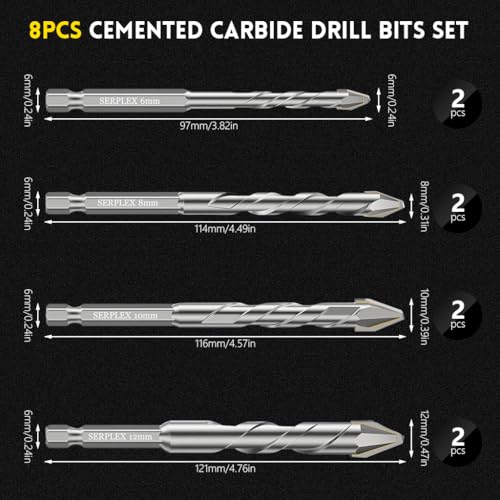 Serplex® 8Pcs Cemented Carbide Drill Bits Set, 6mm/8mm/10mm/12mm Masonry Drill Bits for Concrete, Brick, Stone, Ceramic Tile, Glass, High Hardness Skewed Head 1/4'' Hex Eccentric Twist Drills Bit - Image 2