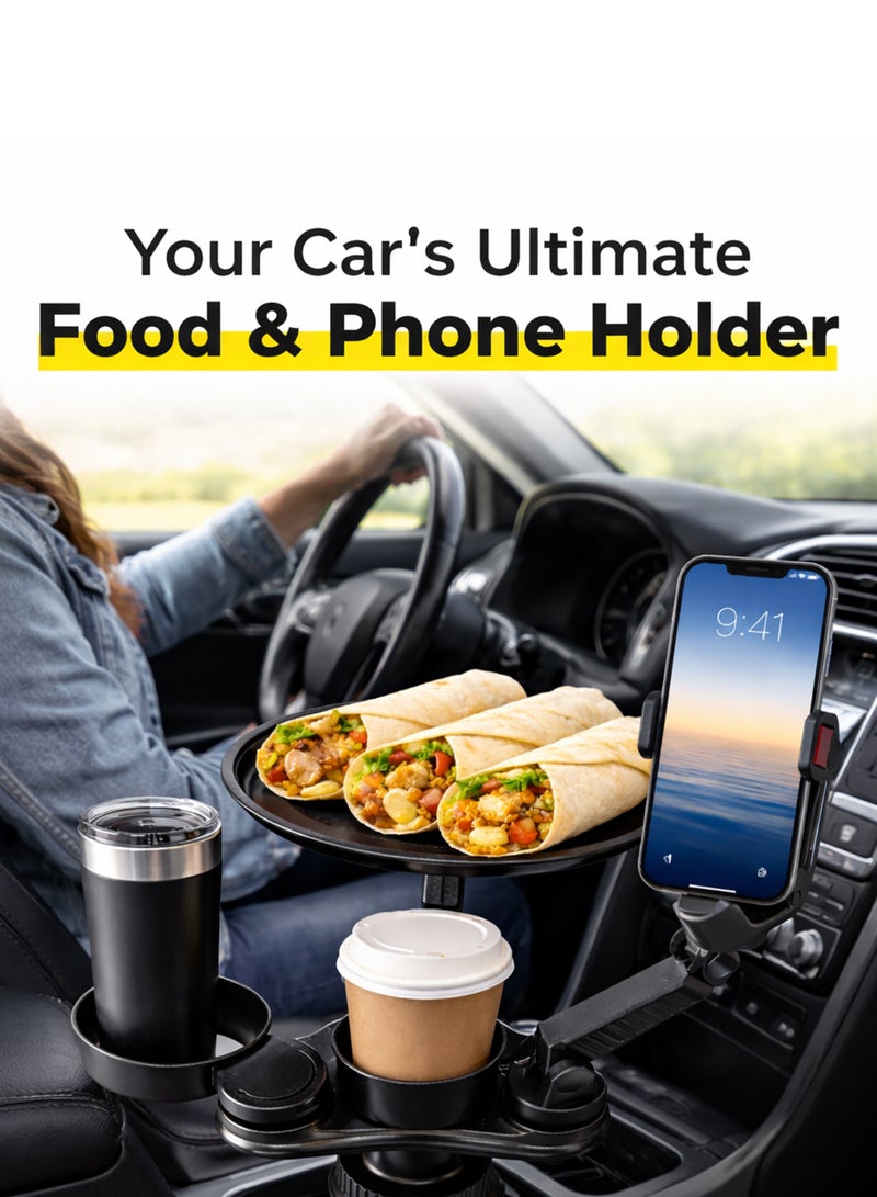 DBLEW Car Cup Holder Tray, Adjustable Car Cup Holder Phone Mount with Food Tray 4 in 1 Swivel Expander Compatible with Most Vehicles - Image 2