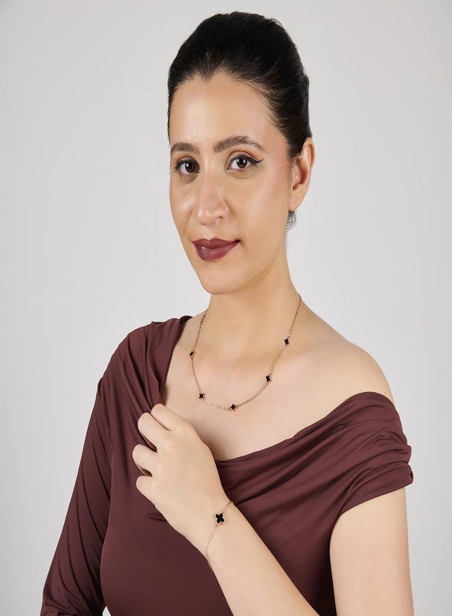 ايشواريا طقم عقد وسوار من آيشواريا مطلي بالذهب الوردي بتصميم زهرة البرسيم الأسود للنساء والفتيات | طقم من قطعتين | هدية مجوهرات أنيقة ومتناسقة | هدية عيد الحب للصديقة أو الزوجة | طقم سلسلة أنيق - Image 3
