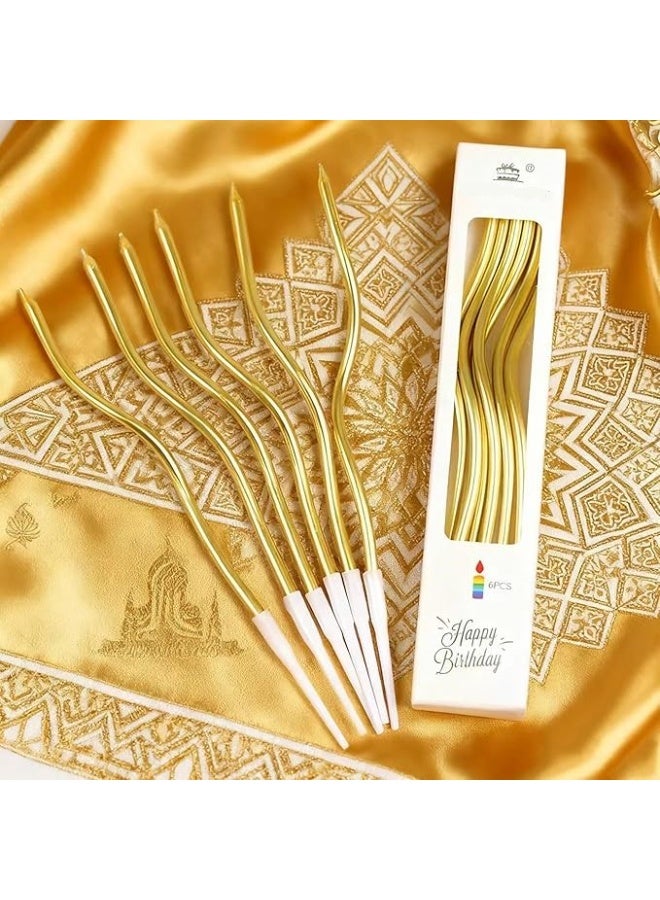 12 Twisty Spiral Birthday Cake Candles (Gold), Long Birthday Cake Cupcake Candle with Holders, Thin Coil Elegant Wavy Design Candles, Birthday, Wedding, Anniversary, Ramadan Party Decoration - Image 1