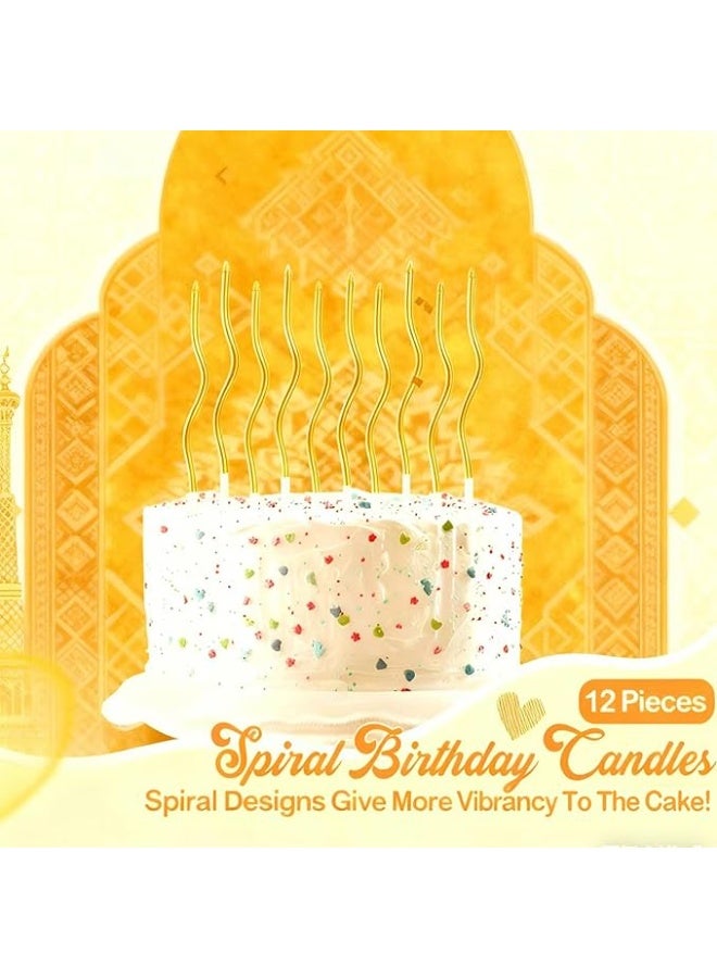 12 Twisty Spiral Birthday Cake Candles (Gold), Long Birthday Cake Cupcake Candle with Holders, Thin Coil Elegant Wavy Design Candles, Birthday, Wedding, Anniversary, Ramadan Party Decoration - Image 3