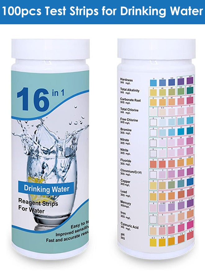 مجموعة اختبار مياه فاخرة 16 في 1 - 100 قطعة من شرائط اختبار جودة المياه المنزلية للآبار ومجموعة اختبار الصنبور - اختبار درجة الحموضة والصلابة والكلور والرصاص والحديد والنحاس والنترات والنتريت وما إلى ذلك لمياه الشرب في الصنبور وحوض السمك وحمام السباحة - Image 1