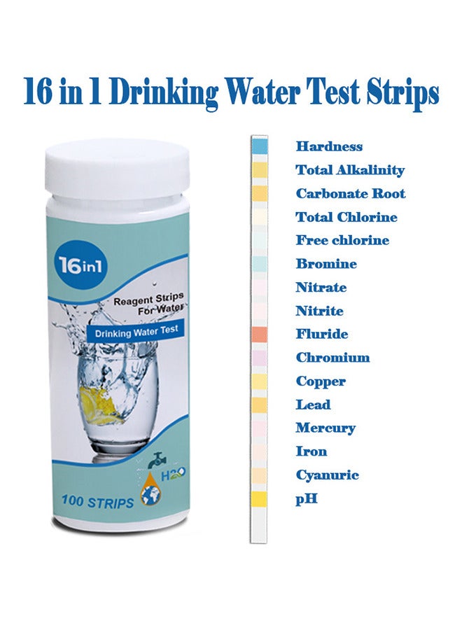مجموعة اختبار مياه فاخرة 16 في 1 - 100 قطعة من شرائط اختبار جودة المياه المنزلية للآبار ومجموعة اختبار الصنبور - اختبار درجة الحموضة والصلابة والكلور والرصاص والحديد والنحاس والنترات والنتريت وما إلى ذلك لمياه الشرب في الصنبور وحوض السمك وحمام السباحة - Image 3