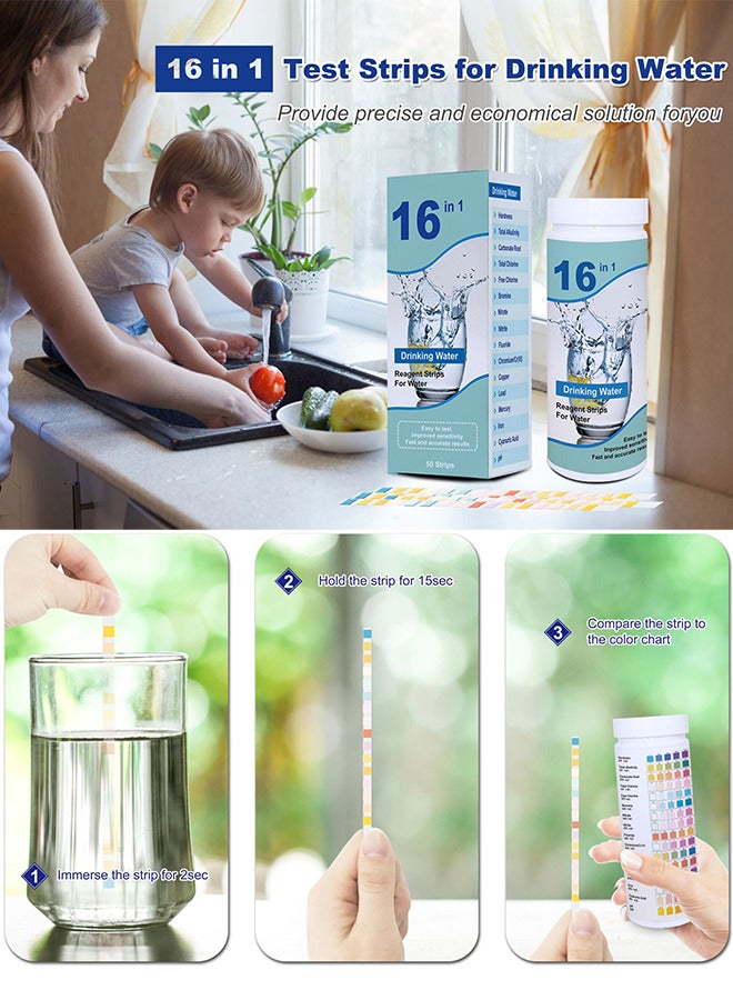 مجموعة اختبار مياه فاخرة 16 في 1 - 100 قطعة من شرائط اختبار جودة المياه المنزلية للآبار ومجموعة اختبار الصنبور - اختبار درجة الحموضة والصلابة والكلور والرصاص والحديد والنحاس والنترات والنتريت وما إلى ذلك لمياه الشرب في الصنبور وحوض السمك وحمام السباحة - Image 4
