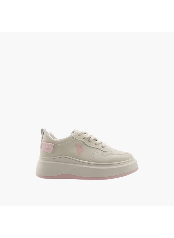 يو اس بولو اسن USPA Women’s Platform Sneakers – Beige & Pink Casual Lace-Up Shoes | Lightweight Chunky Sole Fashion Sneakers for Everyday Comfort