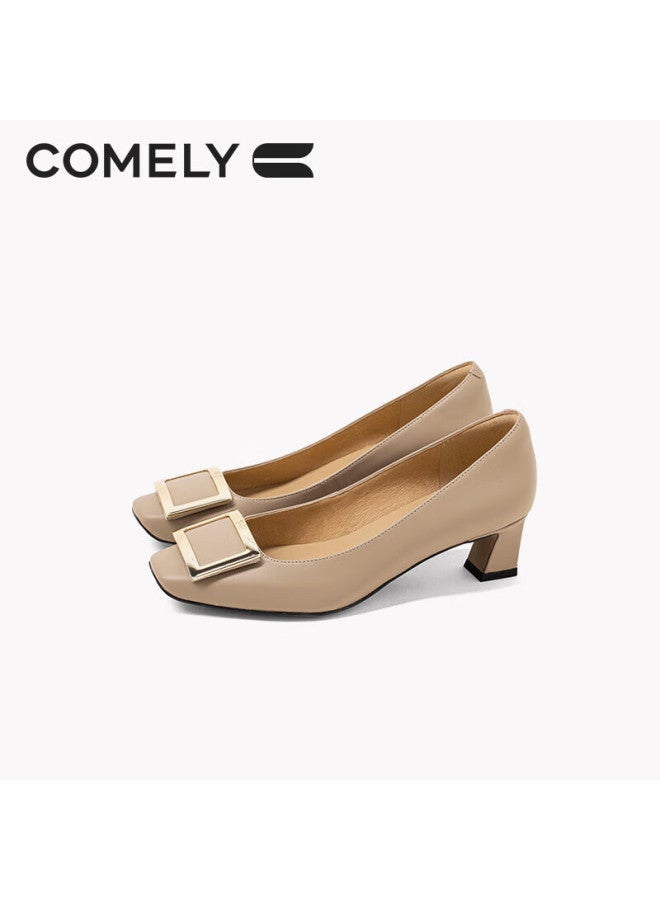 Comely Square Buckle Single Shoes Women's Spring Thick Heel Patent Leather Commuter High Heels Milk Tea Color 37 - Image 1