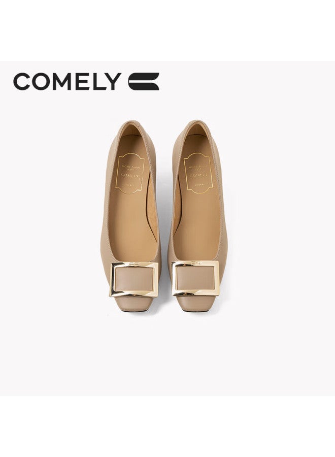 Comely Square Buckle Single Shoes Women's Spring Thick Heel Patent Leather Commuter High Heels Milk Tea Color 37 - Image 5