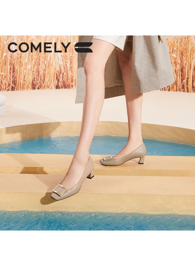 Comely Square Buckle Single Shoes Women's Spring Thick Heel Patent Leather Commuter High Heels Milk Tea Color 37 - Image 3