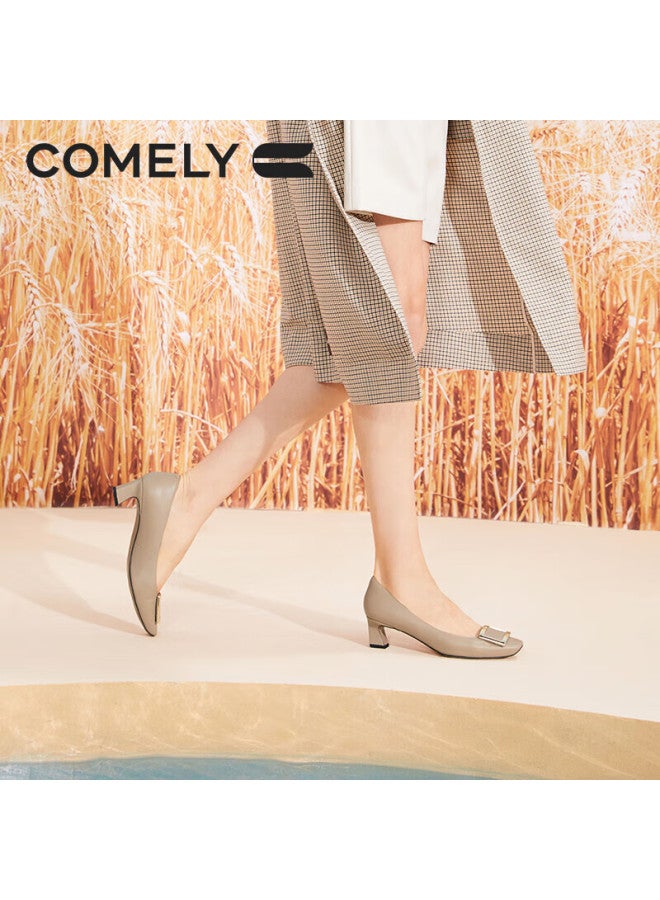 Comely Square Buckle Single Shoes Women's Spring Thick Heel Patent Leather Commuter High Heels Milk Tea Color 37 - Image 4