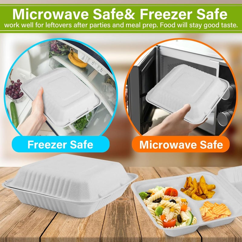 greensight Compostable Take Out Food Container 8X8, 100 Pack 3 Compartment Clamshell Food Container, Disposable To Go Food Boxes, Biodegradable Food Containers Made of White Sugar Cane Fibers - Image 5