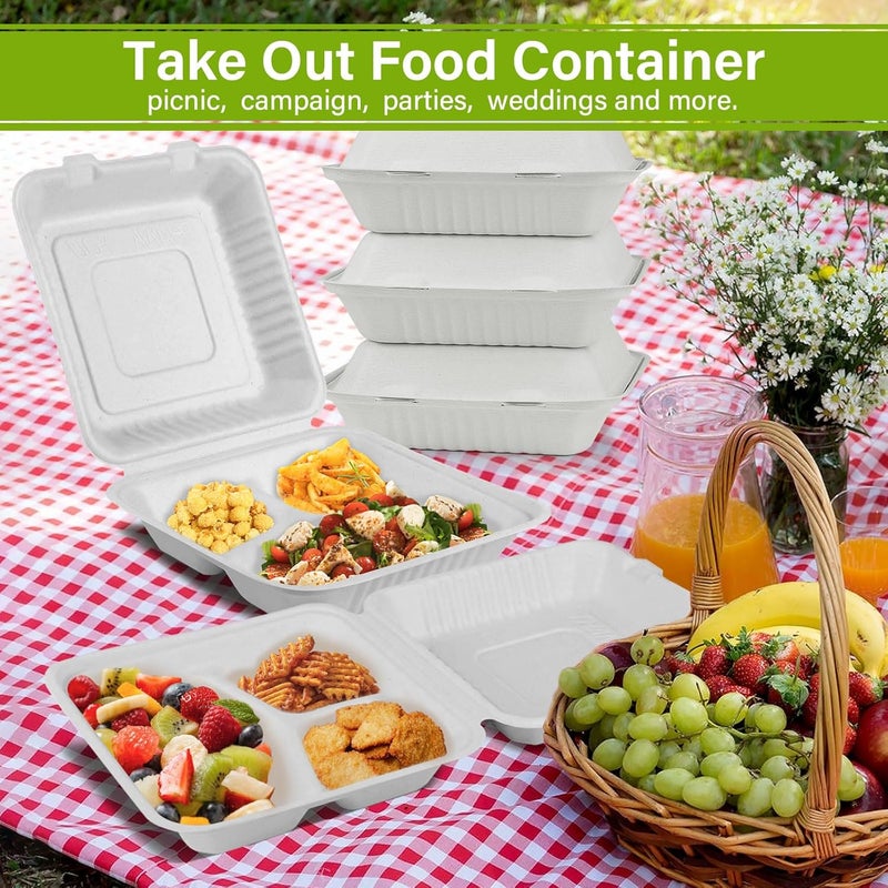 greensight Compostable Take Out Food Container 8X8, 100 Pack 3 Compartment Clamshell Food Container, Disposable To Go Food Boxes, Biodegradable Food Containers Made of White Sugar Cane Fibers - Image 2