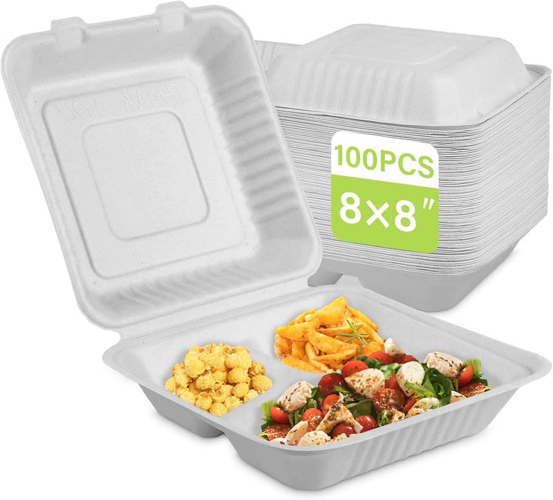 greensight Compostable Take Out Food Container 8X8, 100 Pack 3 Compartment Clamshell Food Container, Disposable To Go Food Boxes, Biodegradable Food Containers Made of White Sugar Cane Fibers - Image 1