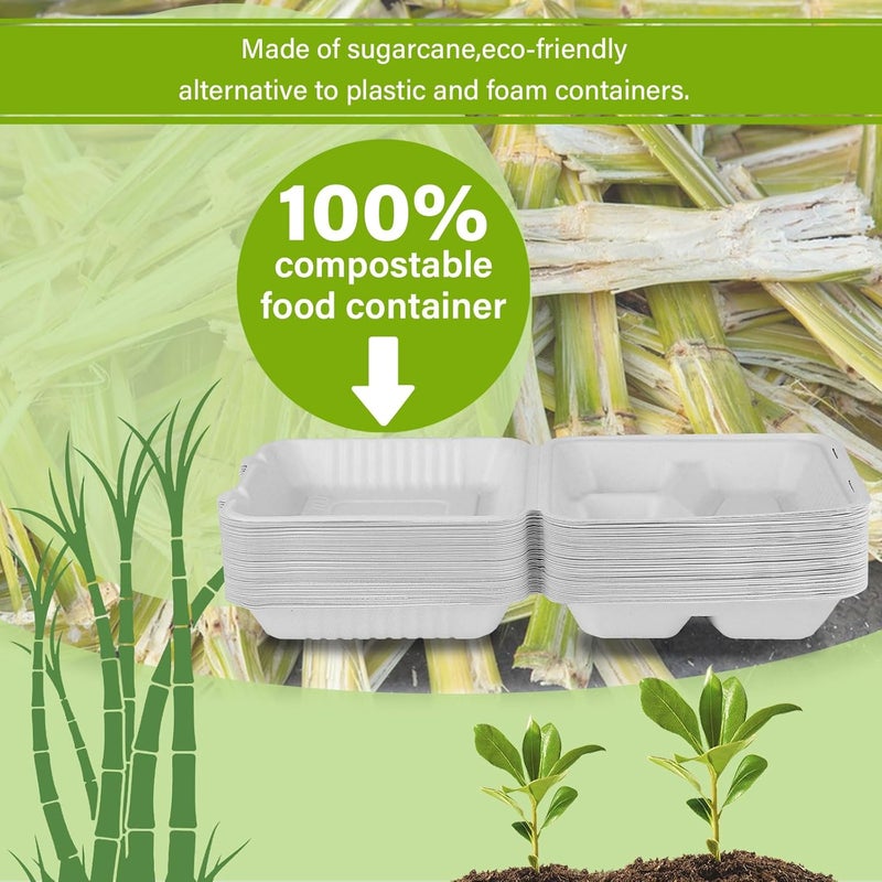 greensight Compostable Take Out Food Container 8X8, 100 Pack 3 Compartment Clamshell Food Container, Disposable To Go Food Boxes, Biodegradable Food Containers Made of White Sugar Cane Fibers - Image 4