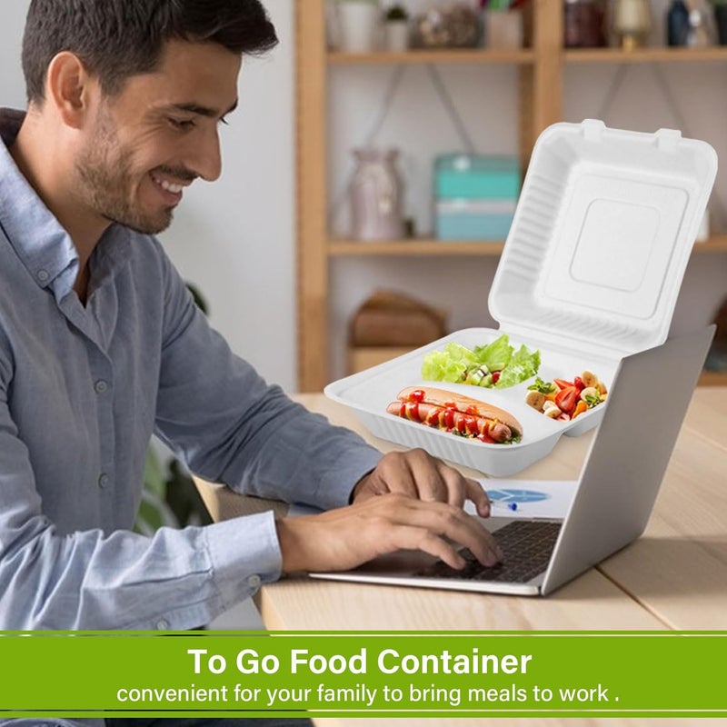 greensight Compostable Take Out Food Container 8X8, 100 Pack 3 Compartment Clamshell Food Container, Disposable To Go Food Boxes, Biodegradable Food Containers Made of White Sugar Cane Fibers - Image 3