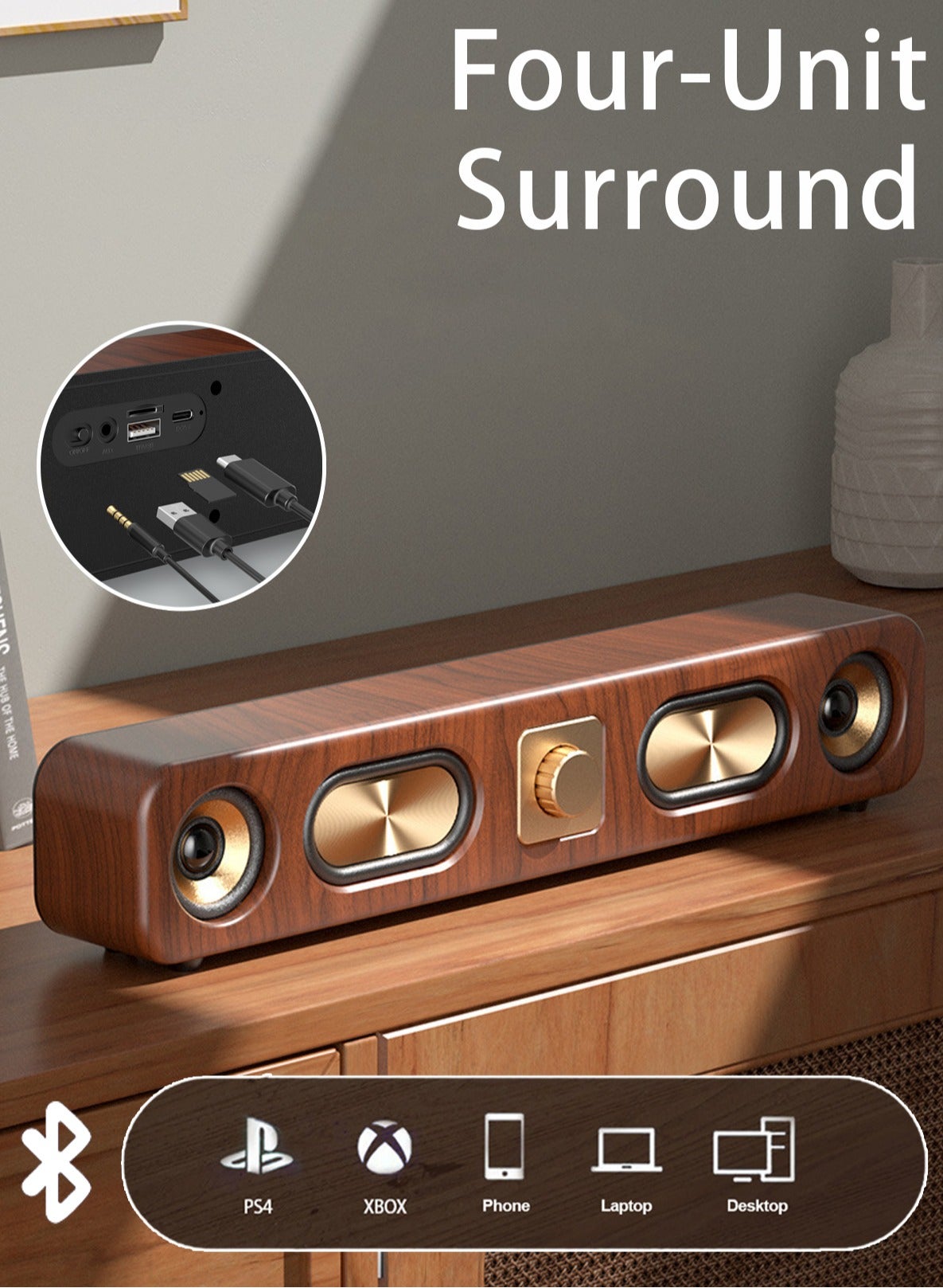 Retro wireless Bluetooth speaker, large speaker, subwoofer, wooden strip card insertion, desktop speaker, rechargeable playback