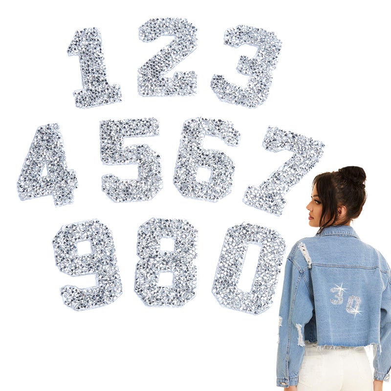 Mimeile Number Iron on Patches Rhinestone Heat Transfer Stickers 09 Craft DIY Decals Silver Gift Bling Appliques for Clothes Bags Hats Pants Backpack Decoration - Image 3